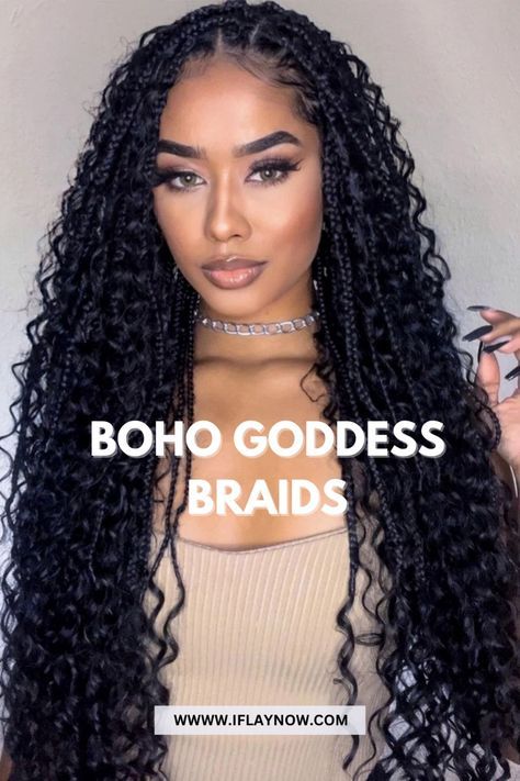 Small Braids With Curly Hair, Different Braid Hairstyles Black Women, Vacation Braided Hairstyles, Boho Goddess Braids Human Hair, Boho Goddess Braids Medium, Boho Braids With Cornrows, Boho Goddess Braids With Color, Curly Goddess Braids, Boho Plaits