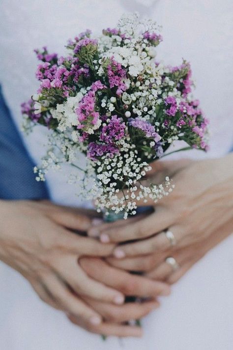 Statice with baby's-breath would compliment the eucalyptus and sage well Bouquet Baby Breath, Simple Wedding Bouquet, Purple Flower Bouquet, Simple Wedding Bouquets, Bridal Bouquet Spring, Purple Wedding Bouquets, Flower Girl Bouquet, Wax Flower, Purple Bouquet