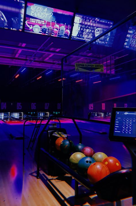 Neon Bowling Alley, Picture Lockscreen, Glow In The Dark Bowling, Moodboard Pics, Glow Bowling, Bowling Lane, Bowling Party, Color Pallete, Bowling Alley