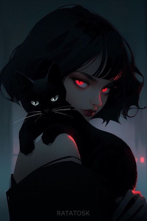 A Black Cat, Dark Art Illustrations, Girly Art Illustrations, Dessin Adorable, Digital Art Anime, Cartoon Profile Pics, Anime Scenery Wallpaper, Girls Cartoon Art, Red Eyes