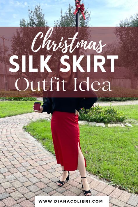 Tis' the Season for fun festive outfits! Check out the post for inspiration on how to style a silk skirt for Christmas! Christmas Satin Skirt Outfit, Satin Skirt Outfit Christmas, Satin Skirt Christmas Outfit, Red Silk Skirt Outfit, Style A Silk Skirt, Red Satin Skirt Outfit, Silk Skirt And Sweater, Red Silk Skirt, Red Satin Skirt