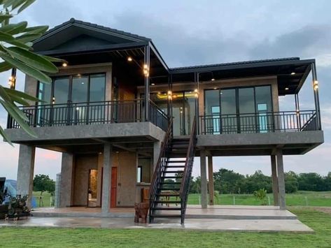 Elevated Container Home, Modern Beach House On Stilts, Stilt House Design, Home On Stilts, Elevated House Design, Stilt House Plans, Thai House Design, House On Stilt, Stilt Home