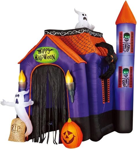 Easy Set-up Pre-Lit Inflatable Haunted House 12-foot Micro LED Lights Interior Rotating Projection Light Show Self-inflates in seconds Dimensions: 94" W x 122" D x 144" H Halloween Yard Inflatables, Halloween Blow Ups, Scary Halloween Decorations Outdoor, Spooky Haunted House, Lights Interior, Indoor Holiday Decor, Creepy Houses, Trick Or Treaters, Nightmare Before Christmas Halloween