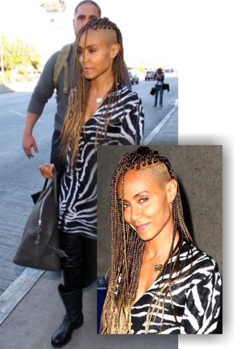 Jada Pinkett Smith With Shaved Side And Blonde Braids http://www.blackhairinformation.com/general-articles/jada-pinkett-smith-shaved-side-blonde-braids/ Box Braids Shaved Sides, Transition To Natural Hair, Side Shaved, Shaved Side, Braids With Shaved Sides, Mohawk Styles, Shaved Side Hairstyles, Jada Pinkett, Blonde Braids