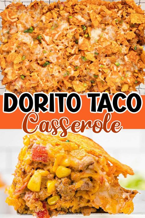 Our Dorito Casserole makes an amazing addition to your weeknight dinner menu! Layered with ground beef, corn, cheese (and more!) and seasoned with savory taco spices! Then topped off with layers of crushed Dorito chips! Beef Dorito Casserole, Dorito Casserole Hamburger, Doritos Casserole With Ground Beef, Dorito Taco Casserole, Casserole Dish Recipes, Taco Spices, Taco Casserole Bake, Doritos Casserole, Dorito Taco