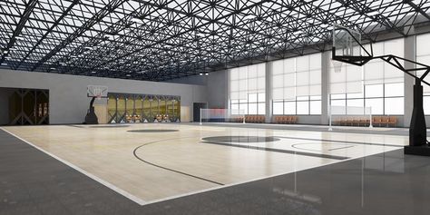 The indoor basketball court of the stadium uses a space frame roof, one of the types of steel structures, and its low cost is very suitable for school building construction. Indoor Basketball Court Aesthetic, Indoor Basketball Court Design, Modern Basketball Court, Space Frame Roof, School Basketball Court, Basketball Court Design, Space Frame Structure, Basketball Stadium, Indoor Sports Court