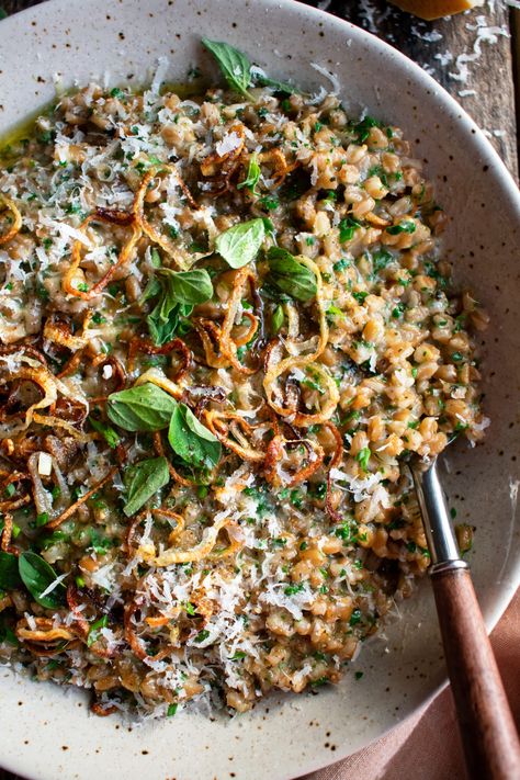 Farro And Asparagus Recipes, Farro Risotto, The Original Dish, Farro Recipes, Crispy Shallots, One Pot Dinners, Veggie Meals, Anniversary Dinner, Winter Recipes