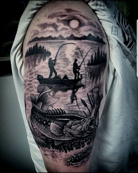 Bass Fishing Tattoos, Tattoo Designs For Guys, Fisherman Tattoo, Bass Fishing Tattoo, Fishing Tattoos, Grandpa Tattoo, Fly Fishing Tattoo, Fishing Tattoo, Hunting Tattoos