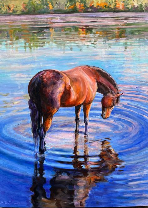 Betsey MacDonald - Artist, Animal Portraits, Oil Paintings Landscape With Horses Painting, Horse Drinking Water Painting, Mongolian Nature, Arte Ganesha, Watercolor Horse Painting, Native American Horses, Waterfall Paintings, Horse Artwork, Watercolor Horse