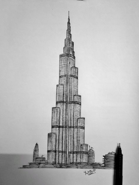 Burj Khalifa Dubai Pen Sketch How To Draw New York, Dubai Drawing Sketch, Architecture Sketch Simple Building, Burj Khalifa Sketch, Building Sketch Simple Architectural Drawings, Burj Khalifa Drawing, Dubai Sketch, Dubai Drawing, برج العرب