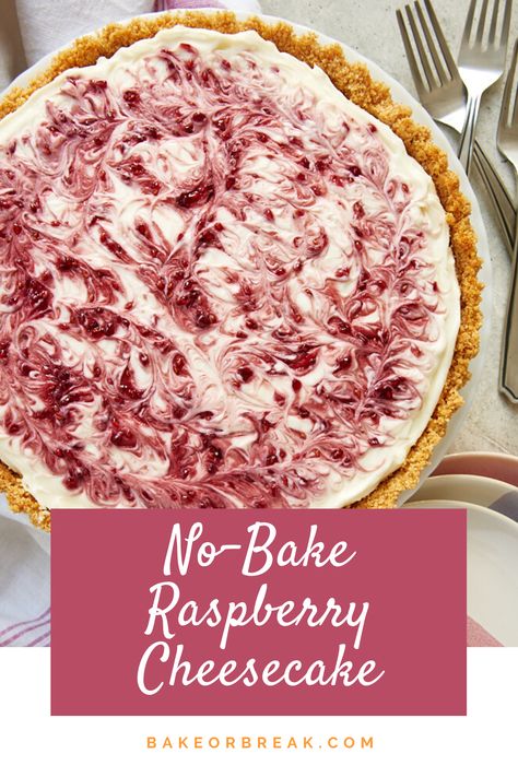 No-Bake Raspberry Cheesecake is a no-fuss dessert made with the most delicious cheesecake filling swirled with raspberry preserves. A great recipe for an easy-to-make dessert! - Bake or Break #cheesecake #nobake #raspberry Cheesecake Starbucks, No Bake Raspberry Cheesecake, Recipe For Meatloaf, Raspberry No Bake Cheesecake, Raspberry Swirl Cheesecake, Bake Cakes, Raspberry Preserves, Baked Cheesecake Recipe, Wedding Cake Recipe