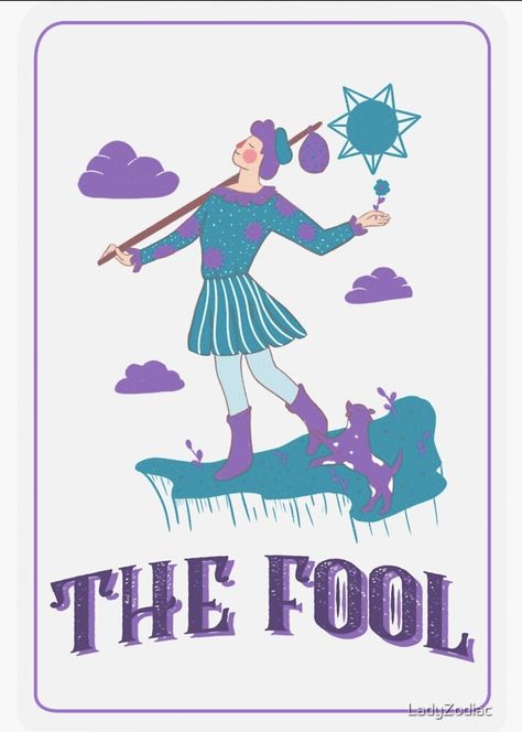 A white Tarot Card with purple framing reads in purple font 'The Fool'. Above is a man dressed in blues and greens wearing a polka dot sweater. He is walking merrily through a puddle alongside a small dog. The pair are happy despite the clouds above because they're focused on the flowers. Card Deck Aesthetic, Tarot Card The Fool, Deck Aesthetic, The Fool Tarot Card, Fool Tarot Card, Tarot The Fool, The Fool Tarot, Aesthetic Sticker, Tarot Card Decks