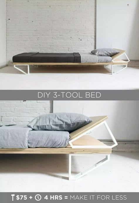 I like the idea of the headboard being on a slant like that. Diy Modern Bed, Diy Bed Frame Easy, Diy Mattress, Murphy Bed Ikea, Murphy Bed Ideas, Diy Platform Bed, Ikea Shelves, Diy Bed Frame, Plywood Furniture