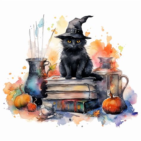 Cat Art Digital, Watercolor Witch Art, Watercolor Halloween Art, Halloween Watercolor Painting, Halloween Watercolor Art, Halloween Art Drawing, Black Cat Watercolor, Black Cat Printable, Witch Watercolor