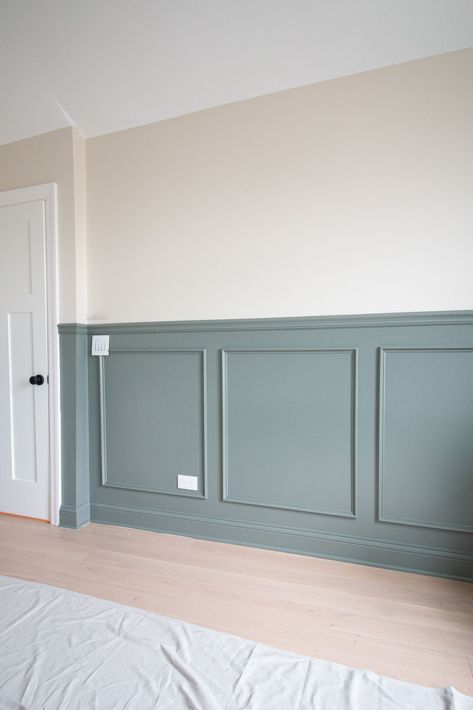 Wall Molding Two Colors, Chair Rail In Kitchen, How To Put Molding On Walls, Adding Picture Rail, Trim Headboard Wall, Chair Rail Painted Same As Wall Color, Chairrail Wainscoting Dining Room, Chair Rail Ideas Kitchen, Colored Chair Rail