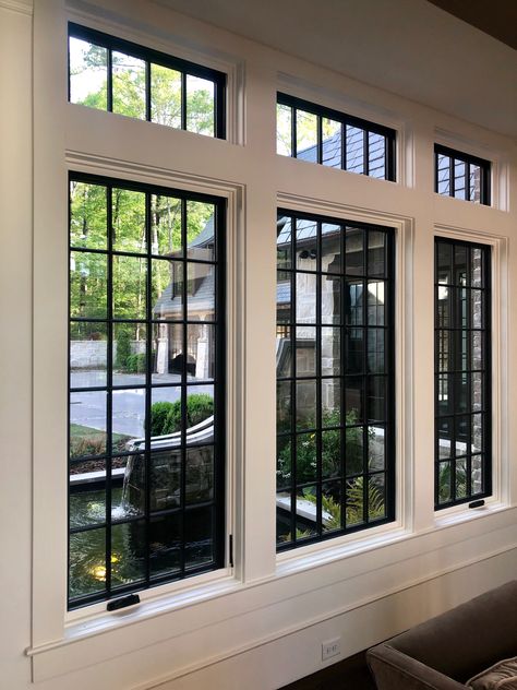 Transit Windows Interior Design, Second Floor Window Ideas, Open Windows Aesthetic, Modern French Windows, Black Square Windows, Three Windows In A Row, Window Grills Modern, Grilled Windows, Home Windows Design