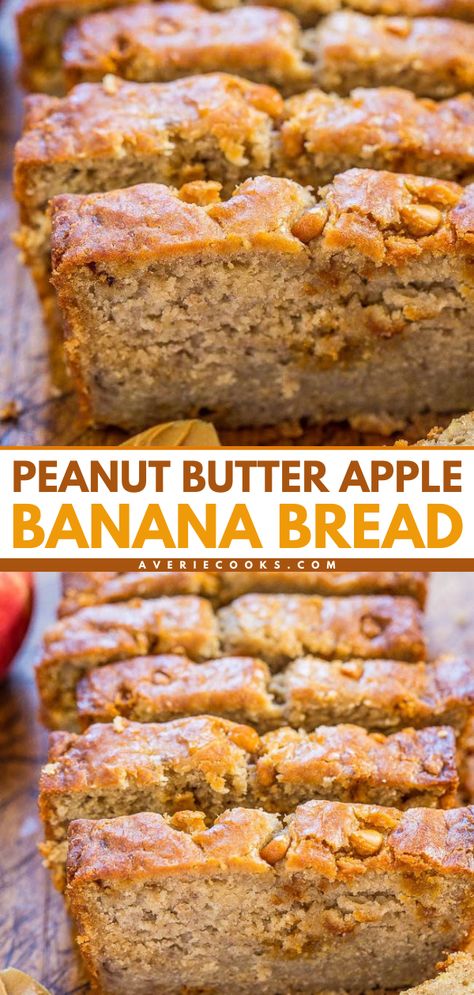 Turn to this apple recipe for an amazing loaf of quick bread! You only need one bowl for this easy fall recipe. Super soft and moist with the perfect combo of flavors, this Peanut Butter Apple Banana Bread is the BEST! Banana Bread Recipe Peanut Butter, Apple And Banana Bread, Banana Bread Apple Sauce Recipe, Banana And Apple Bread, Apple Banana Recipes, Banana Apple Bread Recipe, Bread Flavor Ideas, Pb Banana Bread, Banana Apple Bread