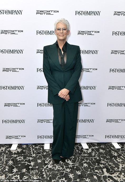 Jamie Lee Curtis rocks an emerald green pantsuit while discussing the Halloween franchise | Daily Mail Online Emerald Green Pantsuit, Green Pantsuit, Halloween Franchise, Female Actors, True Lies, Lee Curtis, Jamie Lee Curtis, Fast Company, Jamie Lee