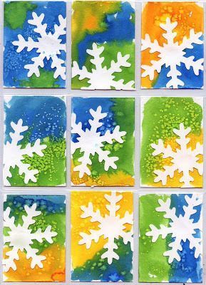 Here are some neat winter art projects for all ages!  Winter Art Projects for Kids | Squarehead Teachers Snowflake Art, Classe D'art, Snowflakes Art, January Crafts, Winter Art Projects, Art Trading Cards, Winter Preschool, Winter Crafts For Kids, Kindergarten Art