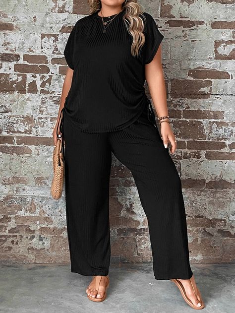 Plus Drawstring Side Batwing Sleeve Tee & Wide Leg Trousers Black Casual    Plain  Medium Stretch  Women Plus Clothing, size features are:Bust: ,Length: ,Sleeve Length: Black Romper Shorts, Wide Leg Pant Suit, Plus Size Mini Dresses, Midi Dress Plus Size, Plus Size Romper, Pants Suit, Plus Size Jumpsuit, Plus Size Pants, Plus Size Shorts