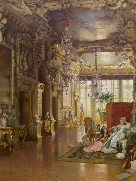 A Venetian Interior of the 18th Century by William Logsdail Venetian Interior, Venetian Decor, Auckland Art Gallery, 18th Century House, Rococo Art, Play Chess, European Paintings, Funny Cats And Dogs, Great Paintings