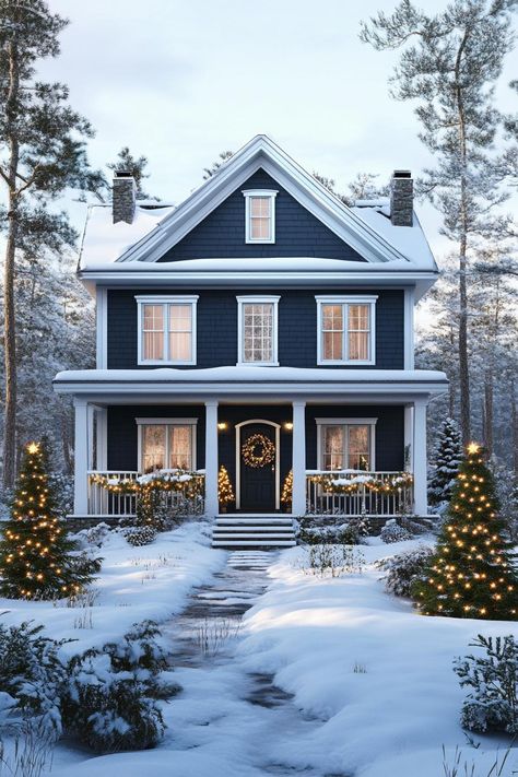 Front view of a tall french cottage with dark siding and white trim and moldings roof with snow large porch with white columns front door with. Check out the most heartwarming Christmas houses from the very festive winter wonderland. Dark Siding, French Country Architecture, Exterior Christmas Decorations, House At Christmas, Cottage Houses, Large Porch, White Porch, Rocking Chair Porch, Christmas Houses