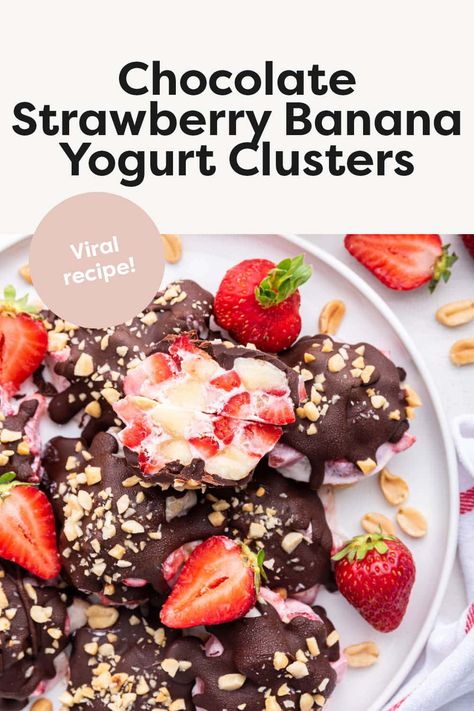 These chocolate strawberry banana yogurt clusters are my take on the viral TikTok recipe. Made with just 7 simple ingredients, they're easy to make and the perfect healthy dessert to keep stocked in your freezer all summer long! Strawberry And Banana Bark, Frozen Strawberry And Banana Recipes, Strawberry Clusters, Banana Strawberry Ice Cream Healthy, Strawberry Yogurt Clusters, Chocolate Covered Strawberry Yogurt Clusters, Strawberry Banana Yogurt Clusters, Fruit Clusters, Yogurt Clusters