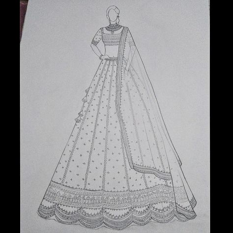 Bride Fashion Illustration Sketch, How To Draw Lehenga Sketch, Bride Sketches Indian, Lahenga Design Sketch, Indian Dress Drawing Sketches, Lehenga Design Sketch, Lehnga Sketching, Lehenga Designs Sketches, Bridal Lehenga Sketch