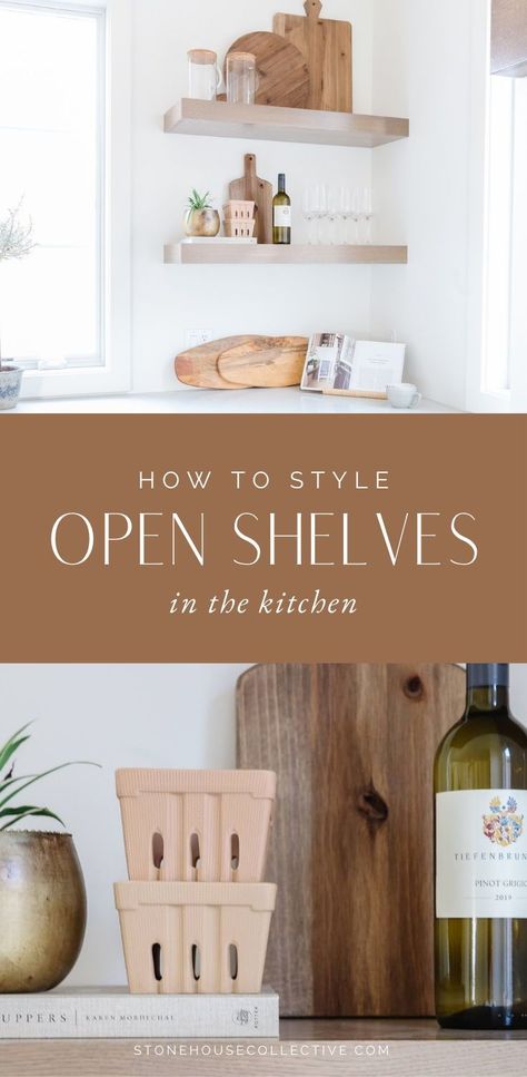 Small Open Shelving Kitchen, Small Kitchen Staging Ideas, Styled Floating Shelves Kitchen, Decor For Floating Shelves In Kitchen, Open Shelving Plates And Bowls, Floating Shelves Between Cabinets Kitchen, Floating Wall Shelves Kitchen, Shelves And Cabinets In Kitchen, Kitchen Cabinet Cubby Decor