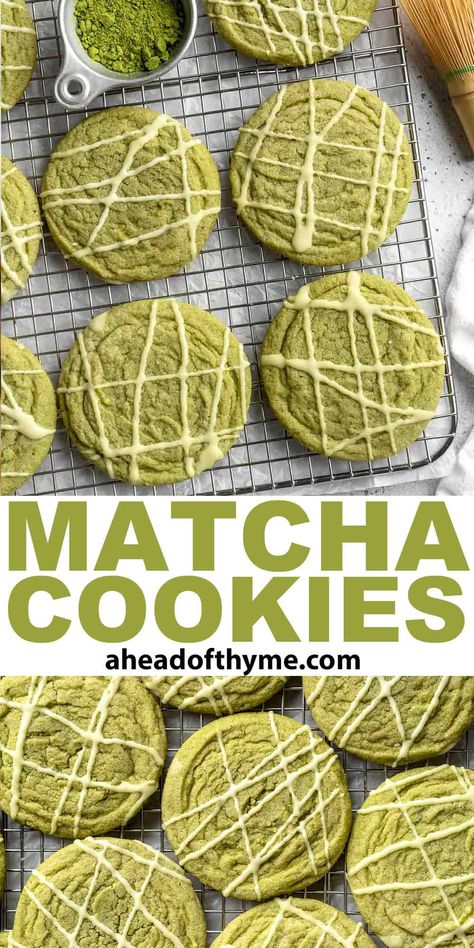 These homemade Matcha Cookies are the perfect sugar cookies with a bold green color and matcha's distinct grassy flavor. The sweetness balances the earthiness of the green tea powder, and a little melted white chocolate drizzle makes them look like edible art. They're soft and chewy, and the perfect cookies for matcha lovers! | aheadofthyme.com #matchacookies via @aheadofthyme Matcha Tea Cookies, Thick Matcha Cookies, Easy Matcha Cookies, Chewy Matcha Cookies, Matcha Oatmeal Cookies, White Chocolate Matcha Cookies, Matcha Cookie Recipe, Matcha Latte Cookies, Strawberry Matcha Cookies