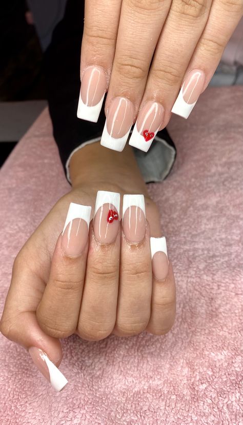 Holiday Nails Summer 2023 Square, French Tip Nails With Red Design, Comme Des Garcons Nails French Tip, Comes Des Garcons Nails, Back To School Acrylics, Square Summer Acrylic Nails, Pretty Nails French Tip, Comme Des Garcons Nails Acrylic, Red Summer Nails Designs