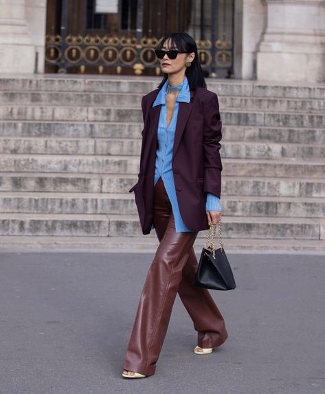 Luxury Purple Blazer For Fall, Colourful Old Money Outfits, Aubergine Pants Outfits, Dark Purple Blazer Outfit, Plum Blazer Outfit, Burgundy And Beige Outfit, Burgundy Wide Leg Pants Outfit, Burgundy Suit Women Outfit, Oversized Purple Blazer Outfit