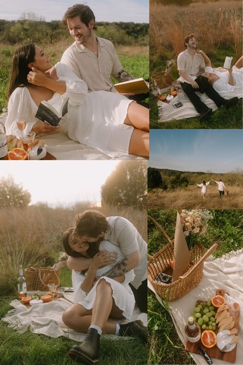 Engagement Theme Photoshoot, Lakeside Engagement Pictures, Picnic Outfit For Couples, Picnic Style Engagement Shoot, Spring Pre Wedding Photoshoot, Couple Shoot Picnic, Western Picnic Photoshoot, Engagement Photos Champagne Picnic, Styled Picnic Photoshoot