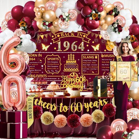 PRICES MAY VARY. Celebrate a milestone birthday in style with these woman 60th birthday decorations! Whether you're throwing a surprise 60th birthday party women or a casual get-together, these decorations will add a festive touch to your event. From fabulous champagne burgundy color themed banners and balloons to confetti and party favors, these decorations are designed to make the birthday honoree feel truly special,perfect for commemorating six decades of life 60th Birthday Decorations for Wo Woman’s 60th Birthday Ideas, Surprise 60th Birthday Ideas, 60 Birthday Decorations Women, 60th Birthday Ideas For Mom Decoration, 60th Birthday Party Themes For Women, Happy 60th Birthday Woman, 60th Birthday Ideas For Mom Theme, 60th Birthday Celebration Ideas, 60th Birthday Ideas For Mom Party