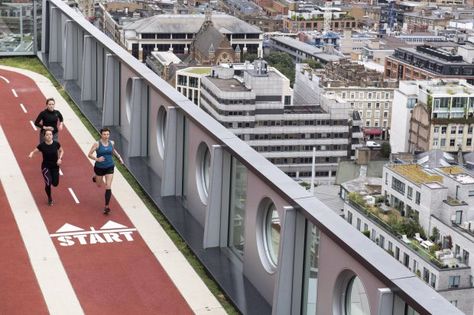 Office block becomes first in London to get 150-metre running track on rooftop Rooftop Penthouse, Running Path, Office Block, Rooftop Design, Running Track, Roof Architecture, Outdoor Gym, Old Street, Workplace Design