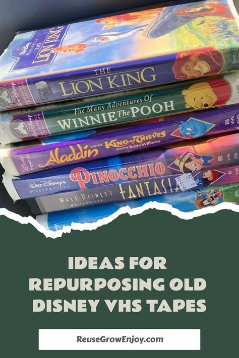 Stack of old Disney VHS tapes with titles visible, suggesting ideas for repurposing them. Vhs Tapes Crafts Diy, Repurposed Vhs Tapes, Vhs Covers Crafts, Upcycle Vhs Tapes, Upcycle Vhs Case, Vhs Tape Crafts, Vhs Diy Projects, Painted Vhs Tapes, Old Vhs Tapes Ideas