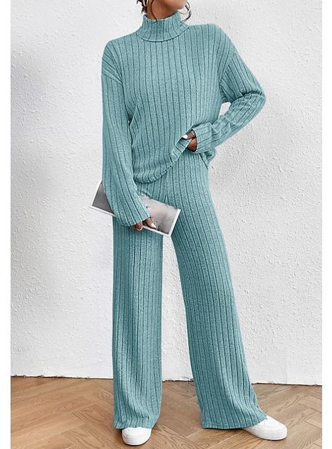 Drop Shoulder Top, Loose Trousers, Top And Pants Set, Estilo Chic, High Neck Sweater, Mint Blue, Loose Sweater, Knit Pants, Sleeves (women)