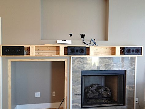 Speakers in the Mantel - Asheville Audio Visual Lighting And Media Soundbar Mantle, Fireplace Tv Wall Built Ins, Farmhouse Fireplace Ideas, Rustic Farmhouse Fireplace, Tv Above Fireplace, Farmhouse Mantle Decor, Farmhouse Mantle, Visual Lighting, Tv Ideas