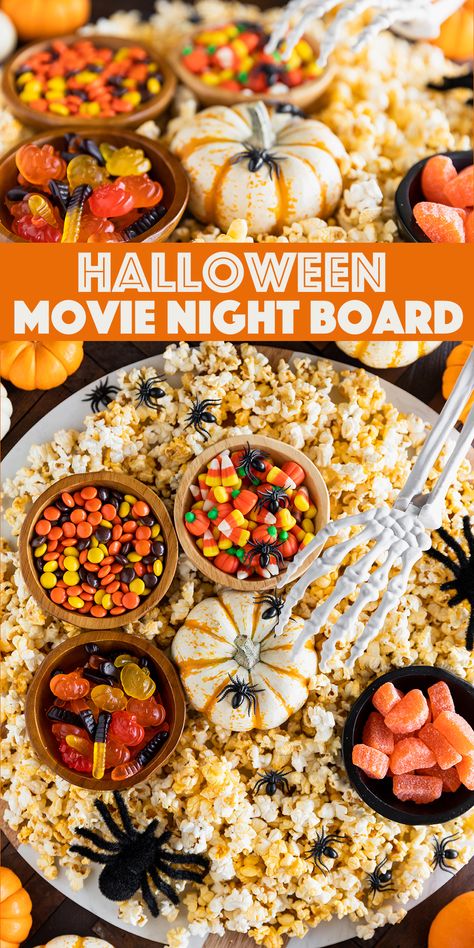 Kids Halloween Theme Movie Night, Build Your Own Food Ideas, Fall Movie Snack Board, Family Night Snacks, Halloween Movie Snack Board, Movie Night Snacks Halloween, Horror Date Night, Halloween Movie Charcuterie Board, Halloween Snacks Movie Nights