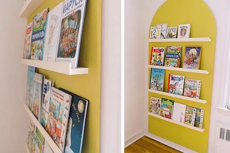 Painted Arch Book Wall, Arch Wall Bookshelf, Book Nook Ideas Diy, Kids Book Display, Trofast Storage, Cute Bookshelves, Half Arch, Small Playroom, Kids Bookshelf