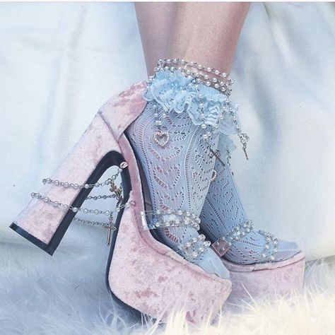 Holy Revelation Platform Heels, Platform Heels Outfit, Ruffle Ankle Socks, Shoes Kawaii, Beaded Heels, Goth Fits, Character Vibes, Ruffle Socks, Frilly Socks