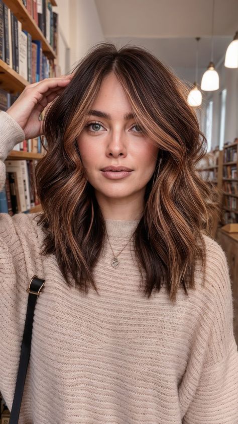 Medium Brown With Red Balayage, Brunette Winter Balayage, Fall Medium Haircuts, Caramel Brown All Over Hair Color, Hair Inspiration Copper, Caramel Shoulder Length Hair, Copper Highlights On Medium Brown Hair, Short Brown Hair With Caramel Balayage, Brunette Hair With Red Highlights Fall