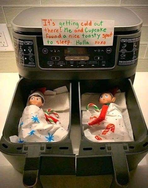 24 Days Elf On The Shelf Ideas, Funny Kids Elf On The Shelf Ideas, Elf Air Fryer, Elf On The Shelf Ideas Siblings, Elf On The Shelf Air Fryer, Elf On The Shelf Two Elves, Elf On The Shelf Last Day, Elf On The Shelf Pet Ideas, Elf Things