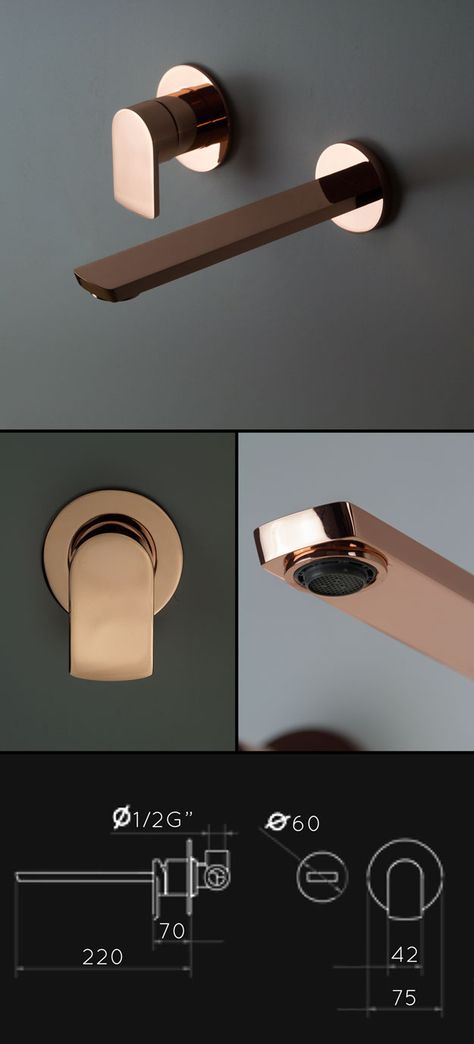 Copper Fixtures, Restauration Hardware, Wall Basin, Bath Cabinet, Gold Taps, Wall Mounted Taps, Wall Taps, Copper Bathroom, Faucet Design