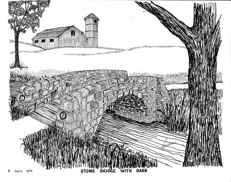 Stone Bridge Drawing, Bridge Sketch, Drawing Landscapes, Bridge Over River, Bridge Drawing, Pen Ink Drawings, Stone Bridge, Pencil Sketches, Drawing Tutorial Easy