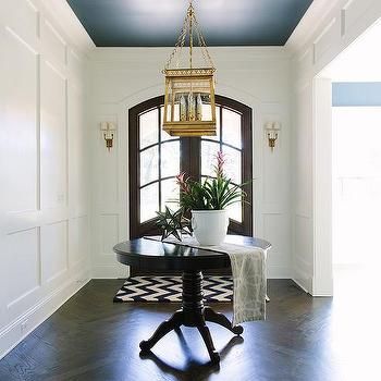 Dark Stained Oak Herringbone Floors with Gilded iron Lantern Transitional Entry, Functional Entryway, Styling 101, Blue Ceiling, Herringbone Wood Floor, Blue Ceilings, Grand Foyer, Herringbone Floor, Entrance Foyer