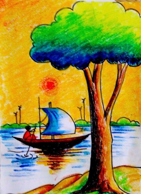 Easy Drawing For Children, Drawing For Children, Scenery Drawing For Kids, Craft Sculpture, Oil Pastel Drawings Easy, Scenery Drawing, Easy Art For Kids, Nature Art Drawings, Easy Cartoon Drawings