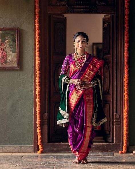 The Tradition of Nauvari Sarees - Kalyani Channawar - Medium Maharashtrian Brides, Marathi Saree, Kashta Saree, Marathi Bride, Marathi Wedding, Nauvari Saree, Saree Draping Styles, Indian Bride Outfits, Bride Photoshoot