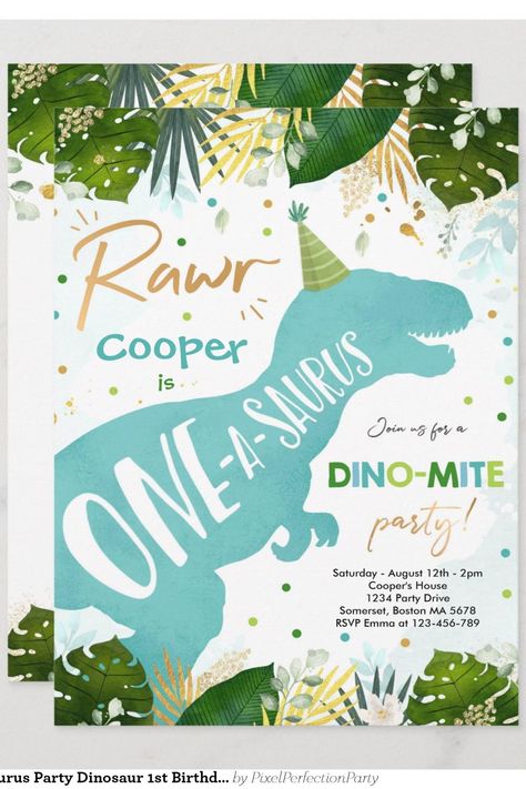 Dinosaur One-A-Saurus Party Dinosaur 1st Birthday Invitation Dino Dig, Pink Gold Birthday, Dinosaur Birthday Invitations, 2nd Birthday Invitations, Dino Birthday, Boy Birthday Invitations, Dino Party, Dinosaur Birthday Party, 1st Birthday Invitations