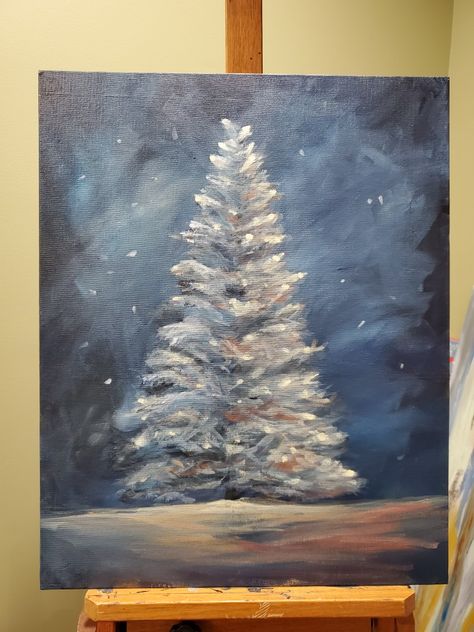 Xmas Canvas Paintings, Winter Paintings On Canvas Acrylics Easy, Black Canvas Paintings Christmas, Small Christmas Acrylic Paintings, Winter Themed Paintings On Canvas, Christmas Tree Paintings, Snowy Christmas Tree Painting, Christmas Art Painting Acrylic Nativity, Diy Christmas Art